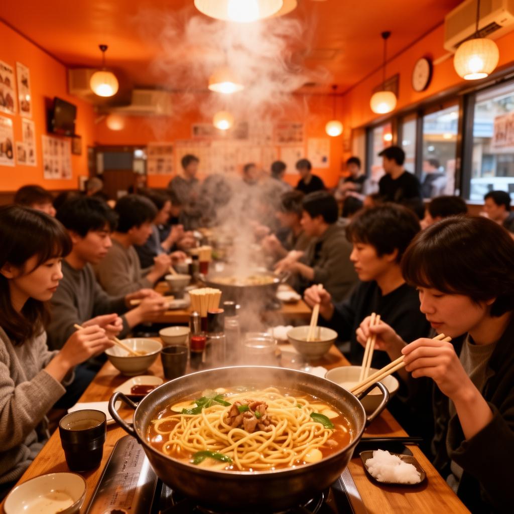 人气面馆堂食场景，顾客围坐吃面